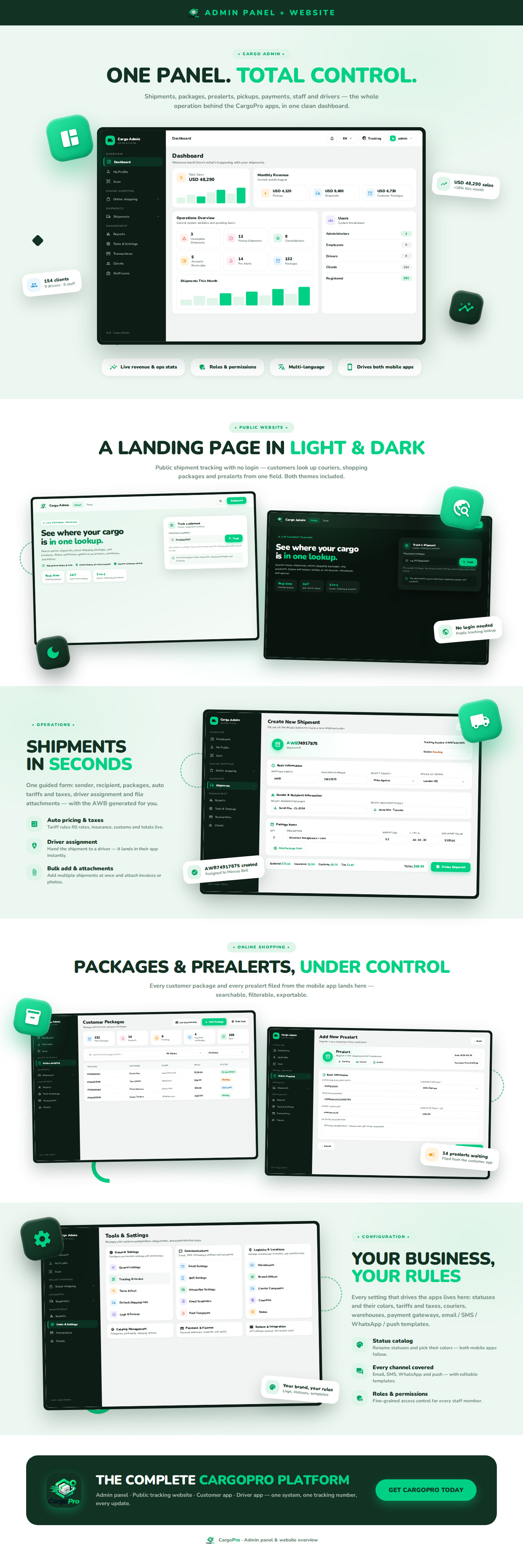CargoPRO admin panel screens