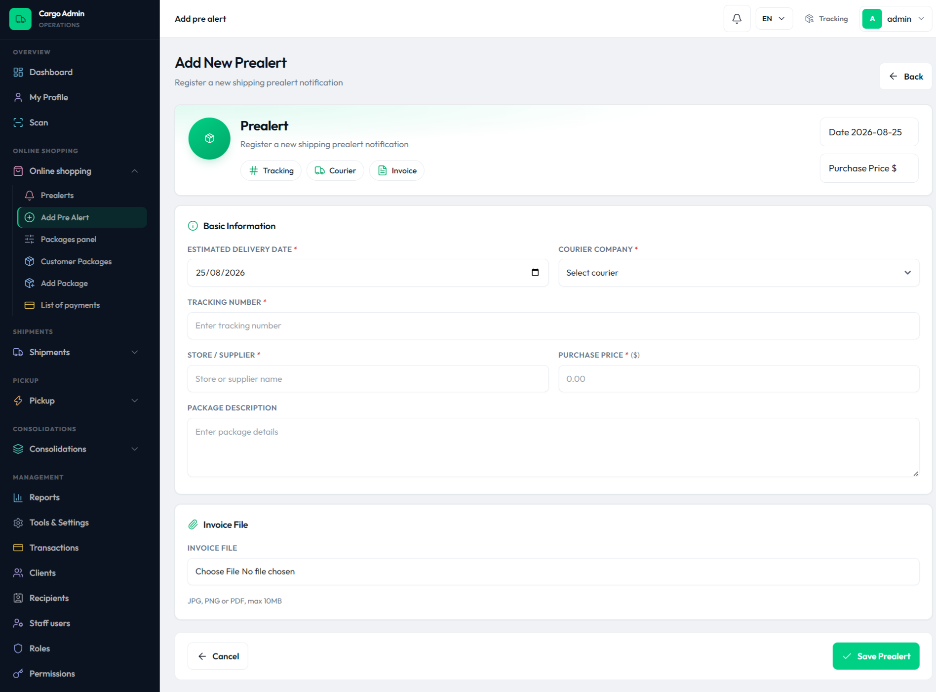 Add Pre Alert form in the admin panel