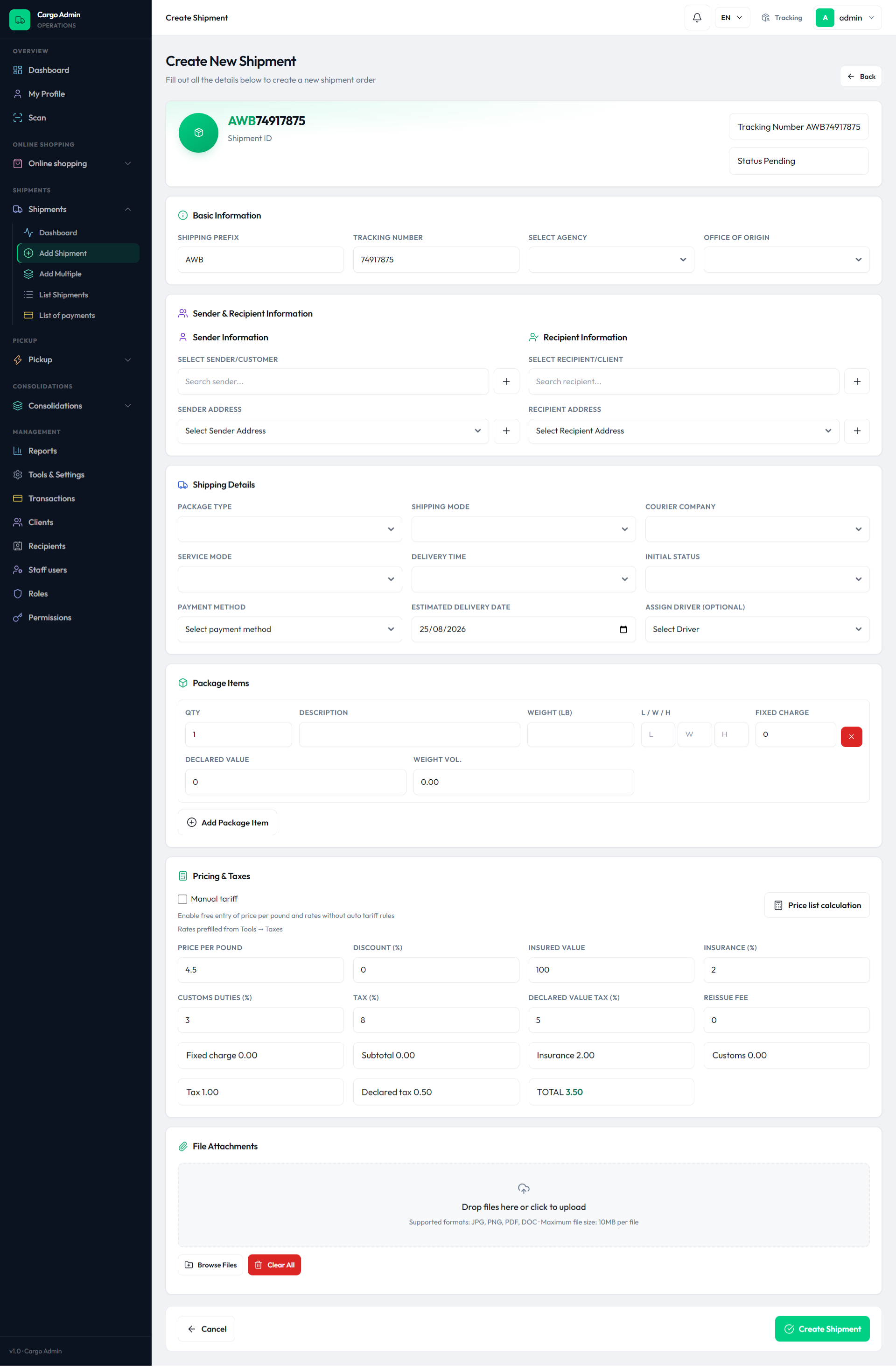 Create Shipment form in the admin panel