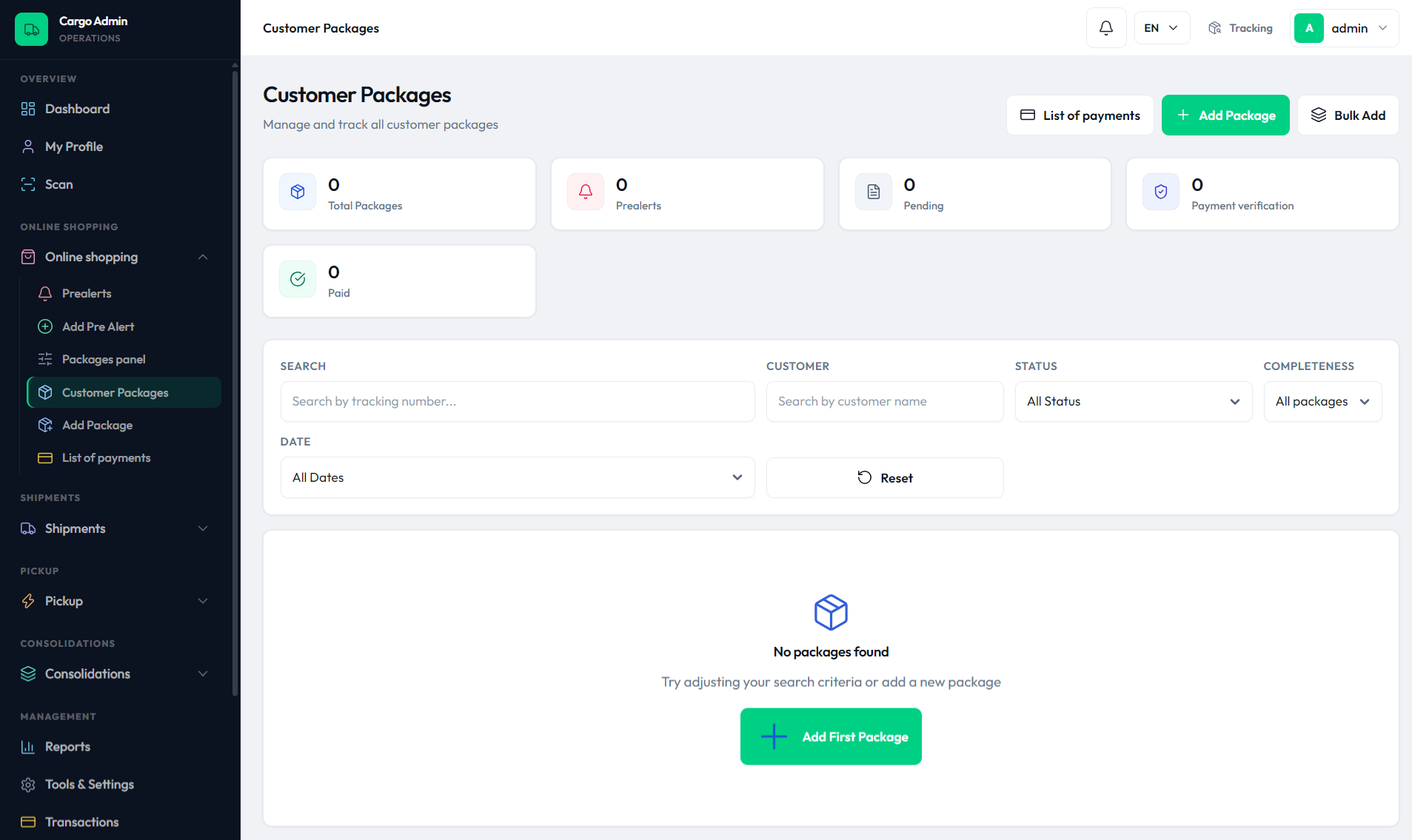 Customer Packages list in the admin panel