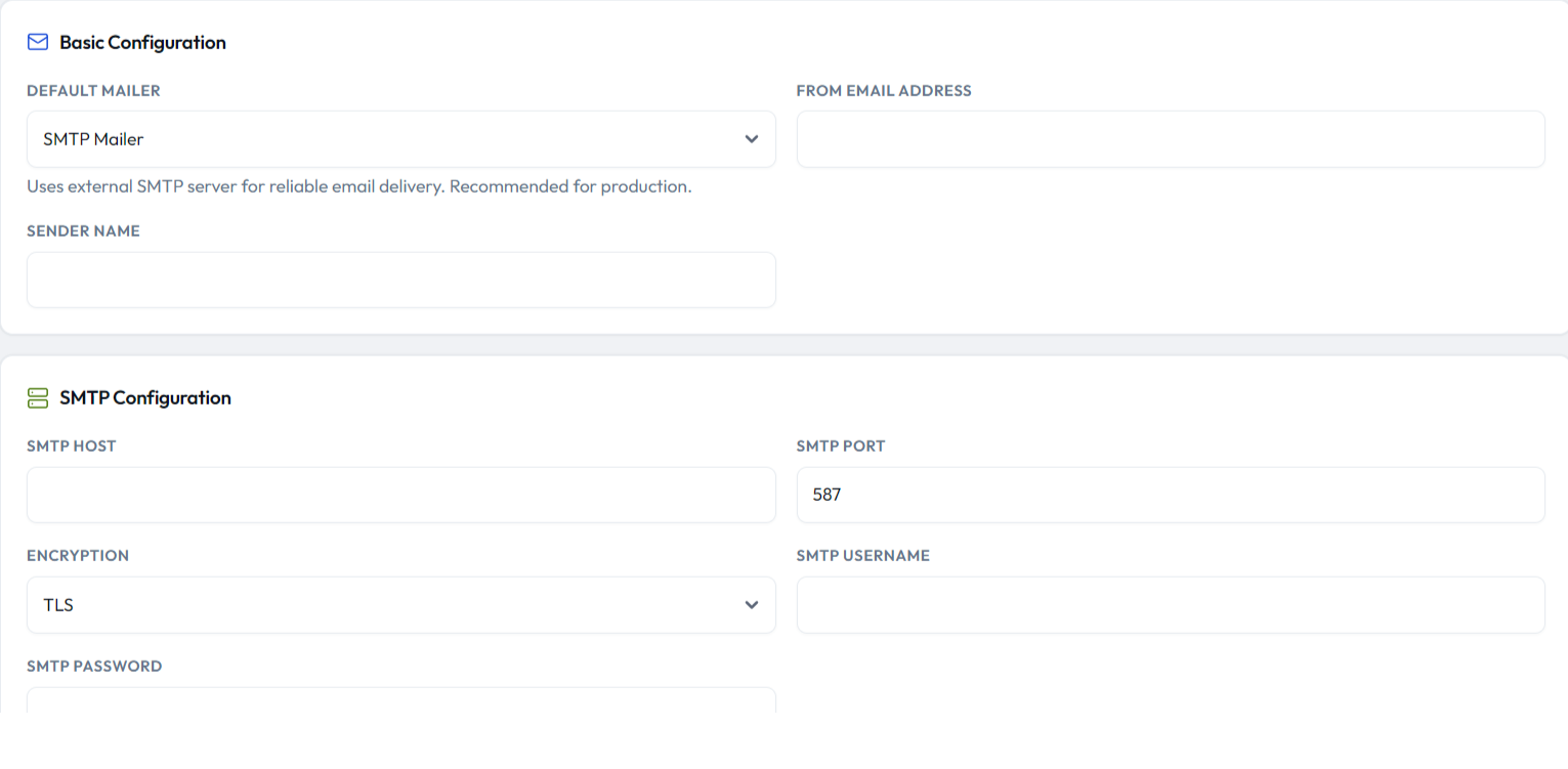 CargoPRO admin β Email Settings with default mailer and SMTP configuration