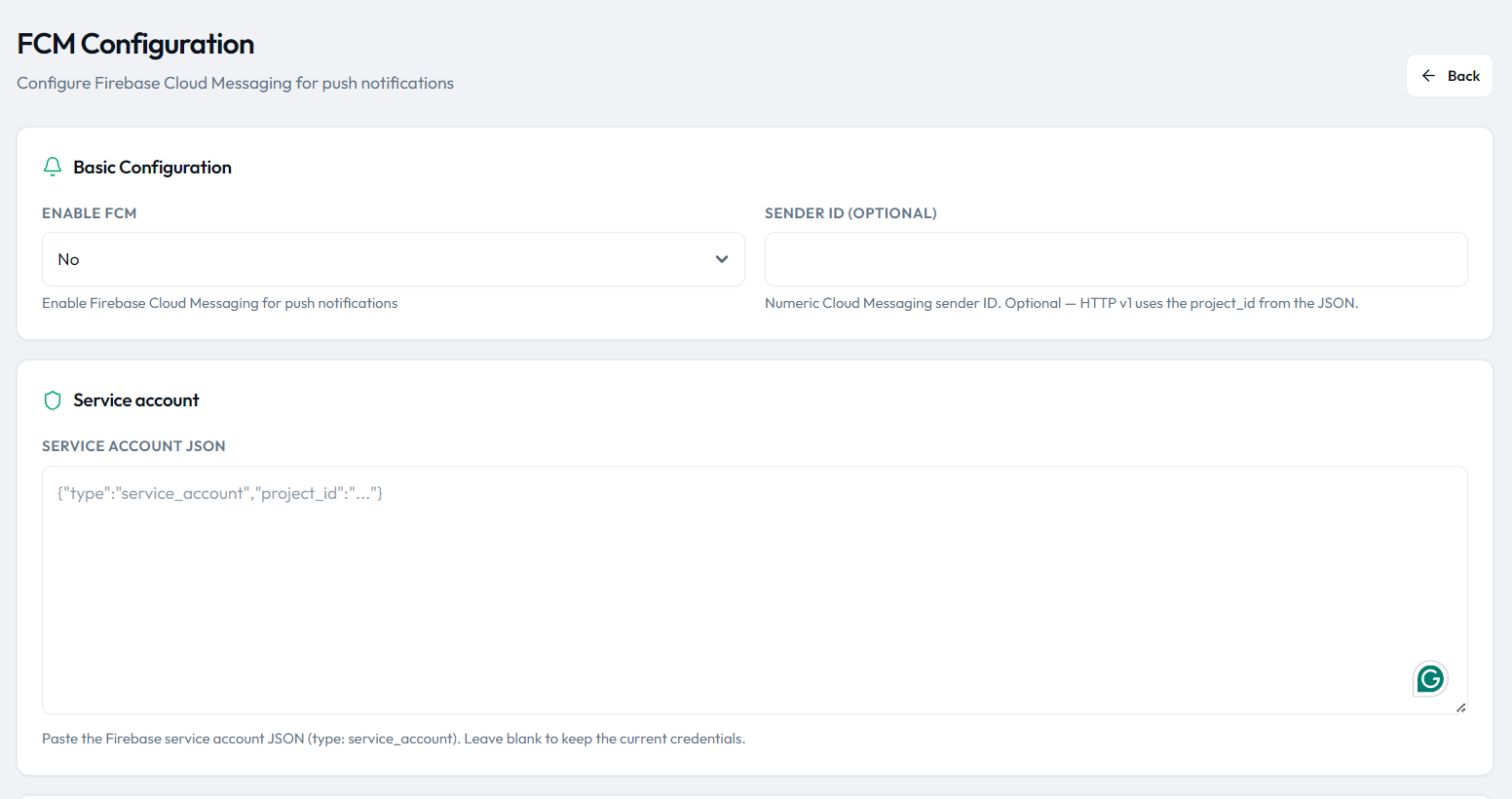 CargoPRO admin panel β Tools, FCM Configuration screen