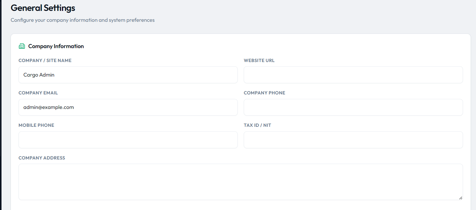 CargoPRO admin β General Settings, Company Information form