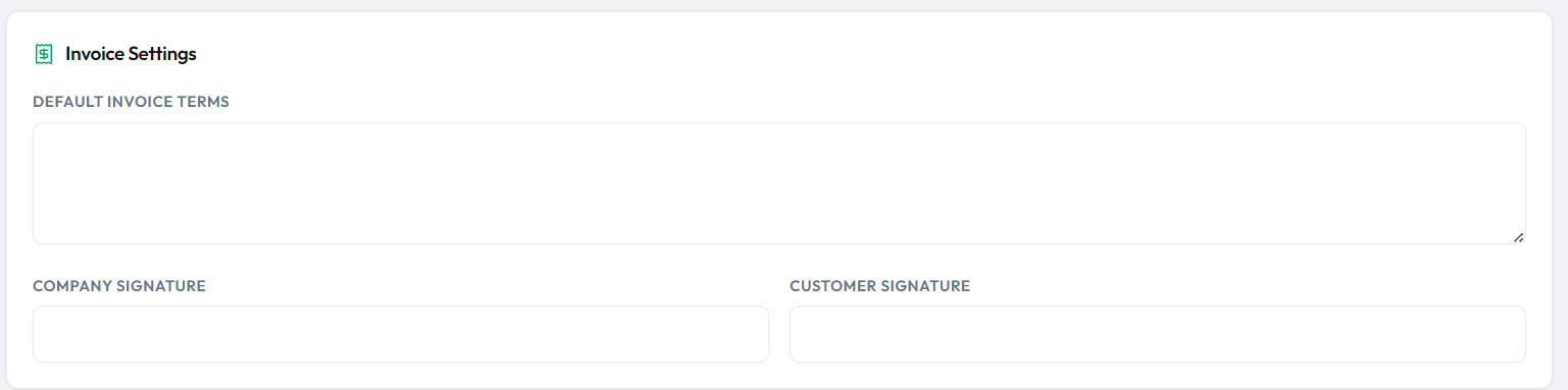CargoPRO admin β Invoice Settings with default terms and signature captions