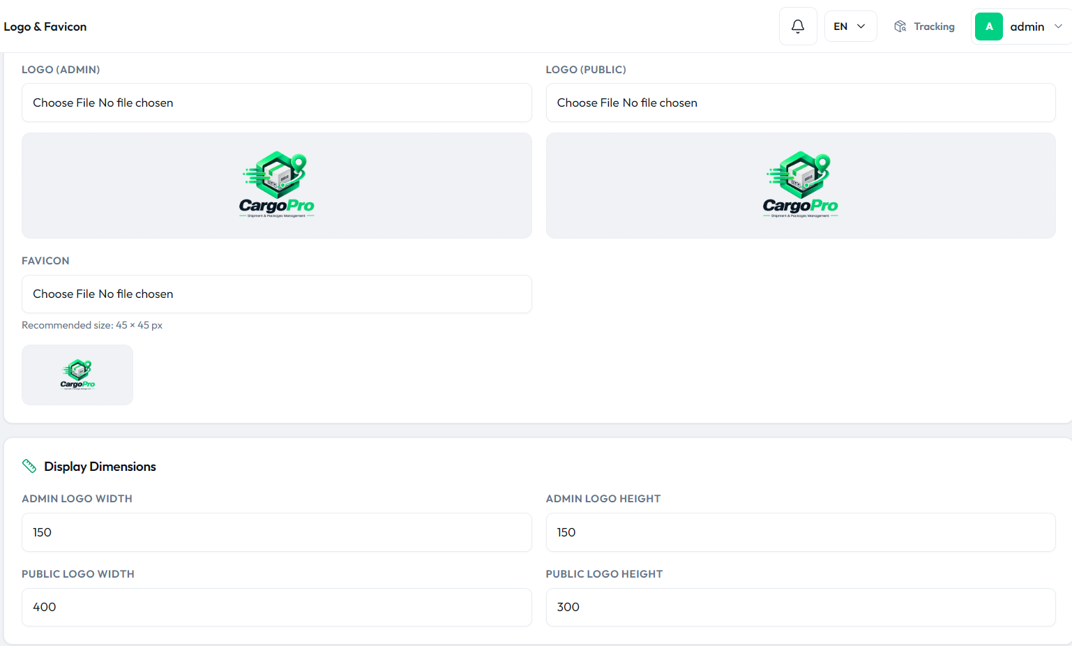 CargoPRO admin β Logo & Favicon screen with upload fields and previews