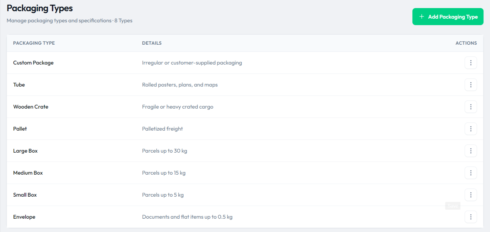 CargoPRO admin β Packaging Types catalog list