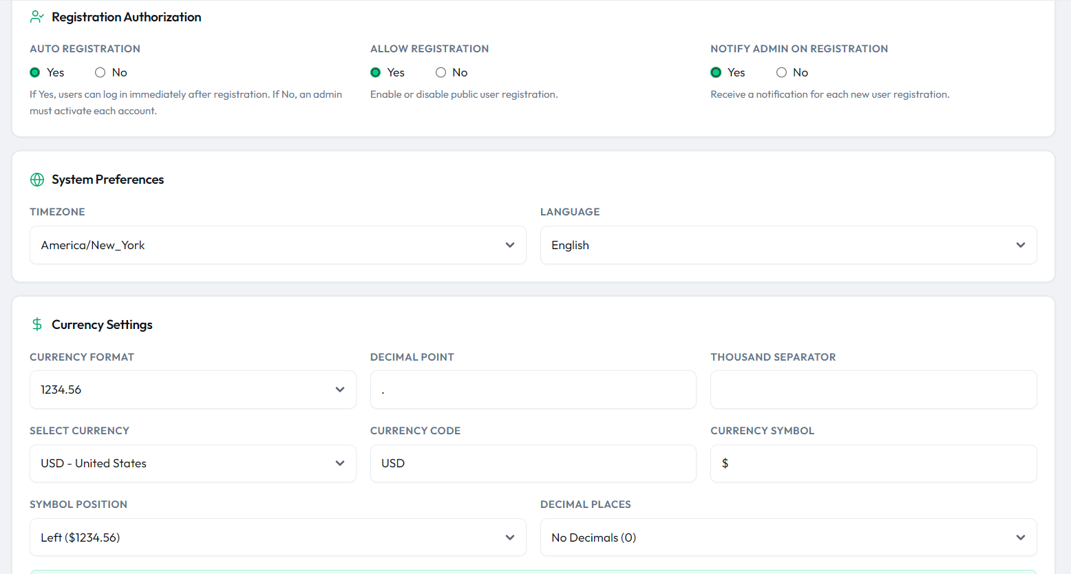CargoPRO admin β Registration Authorization, System Preferences and Currency Settings