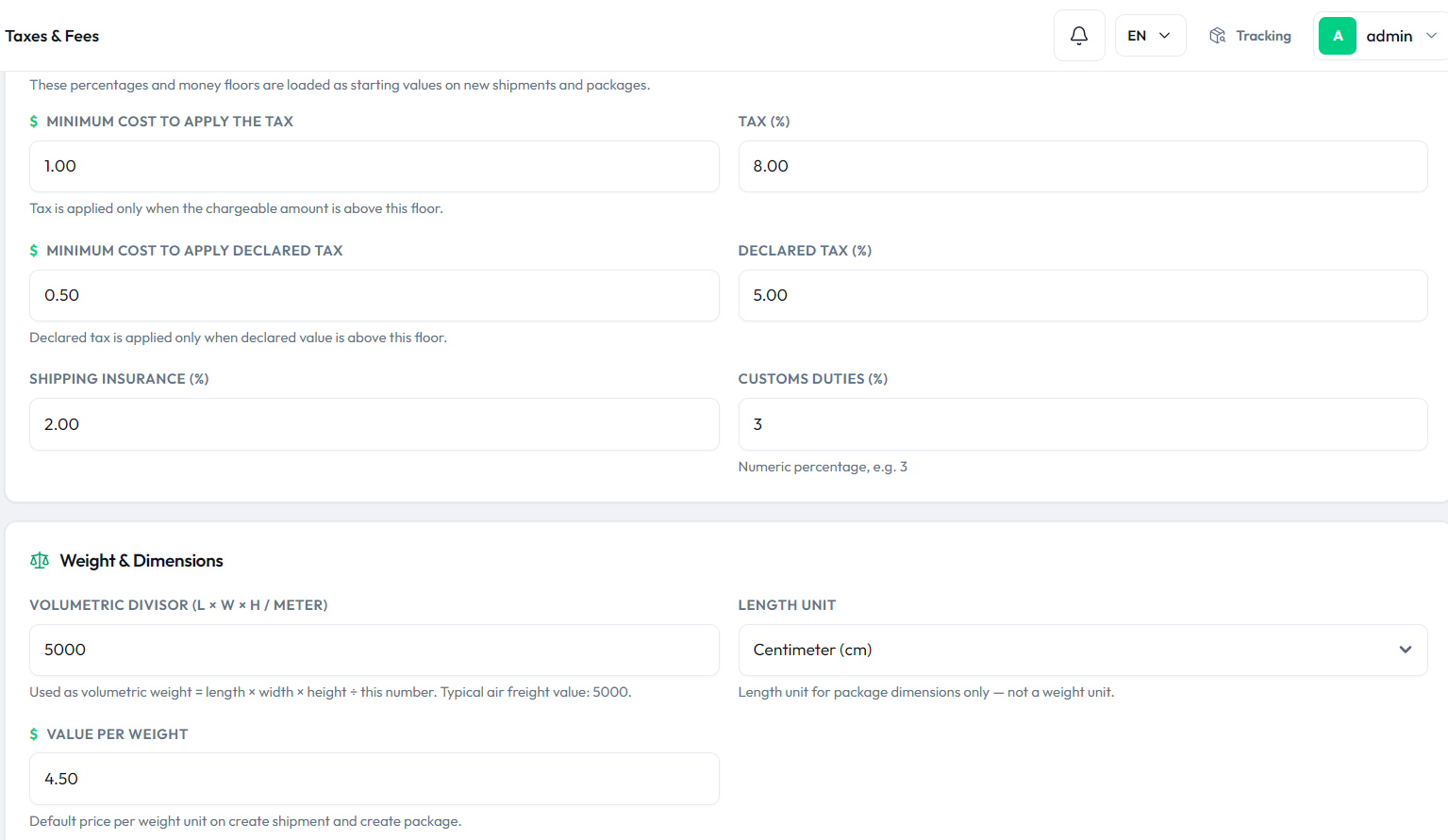 CargoPRO admin β Taxes & Fees and Weight & Dimensions settings