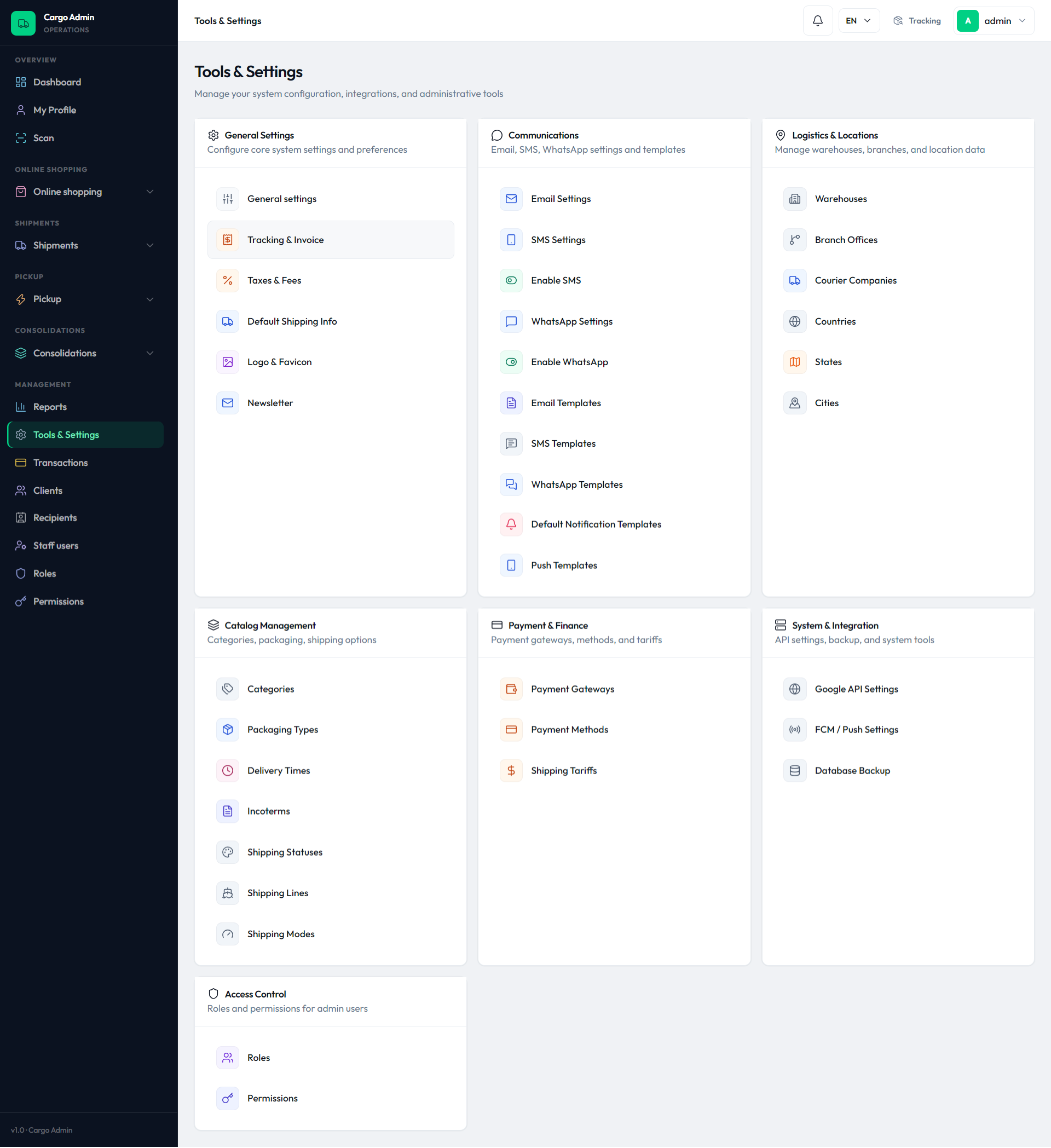 CargoPRO admin β Tools & Settings overview