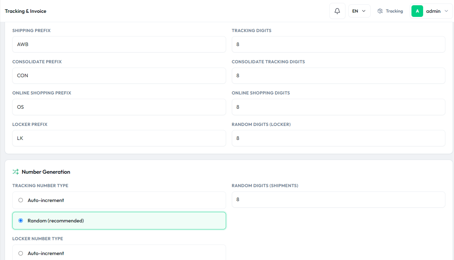 CargoPRO admin β Tracking & Invoice prefixes and number generation
