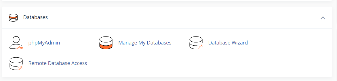 cPanel home with the Databases section highlighted