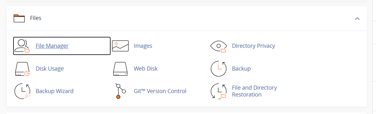 cPanel home with the Files section and File Manager highlighted