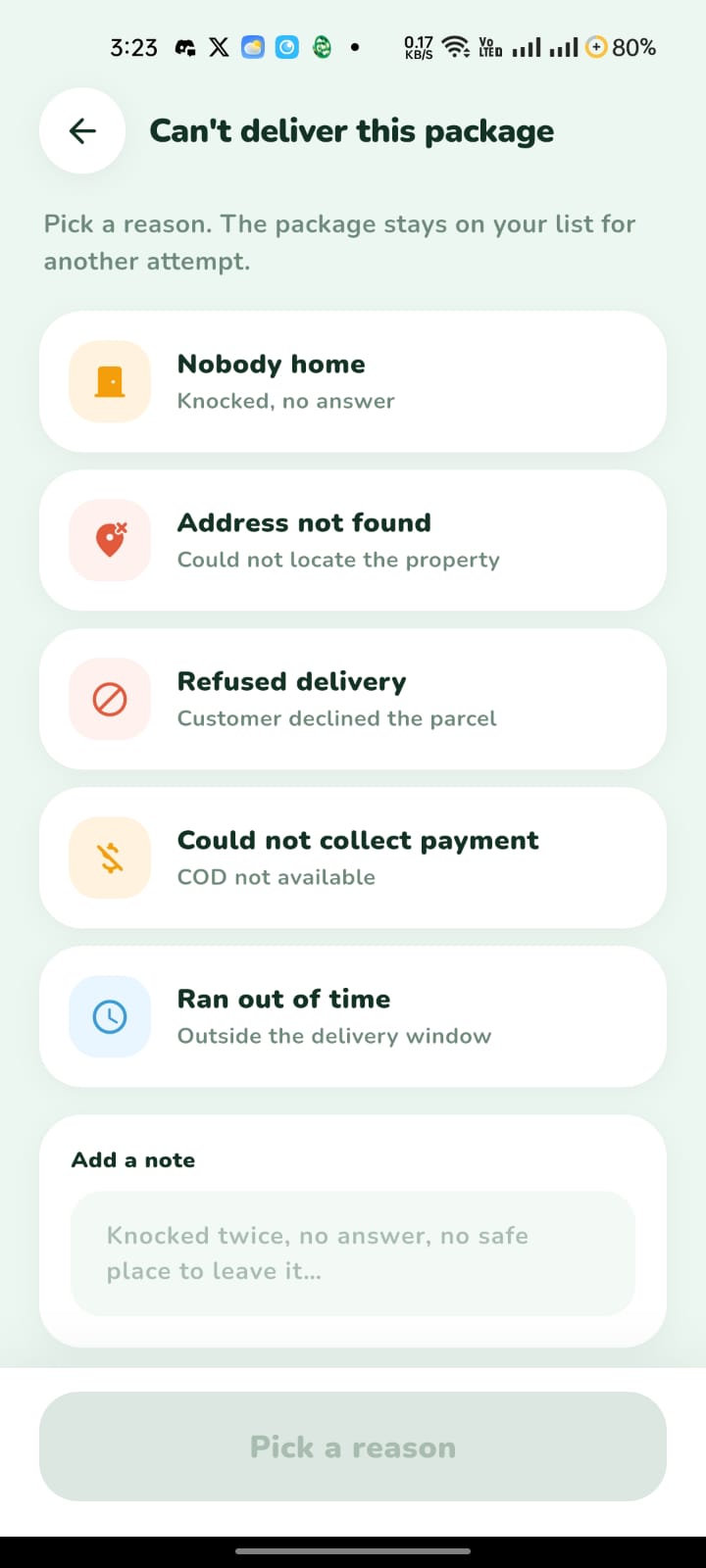 Driver app β delivery exception reasons