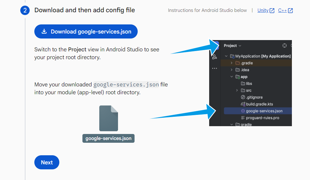 Firebase console β downloading the google-services.json config file