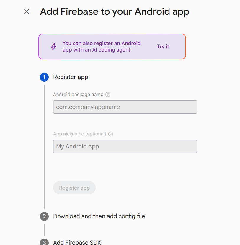 Firebase console β registering the Android app with its package name