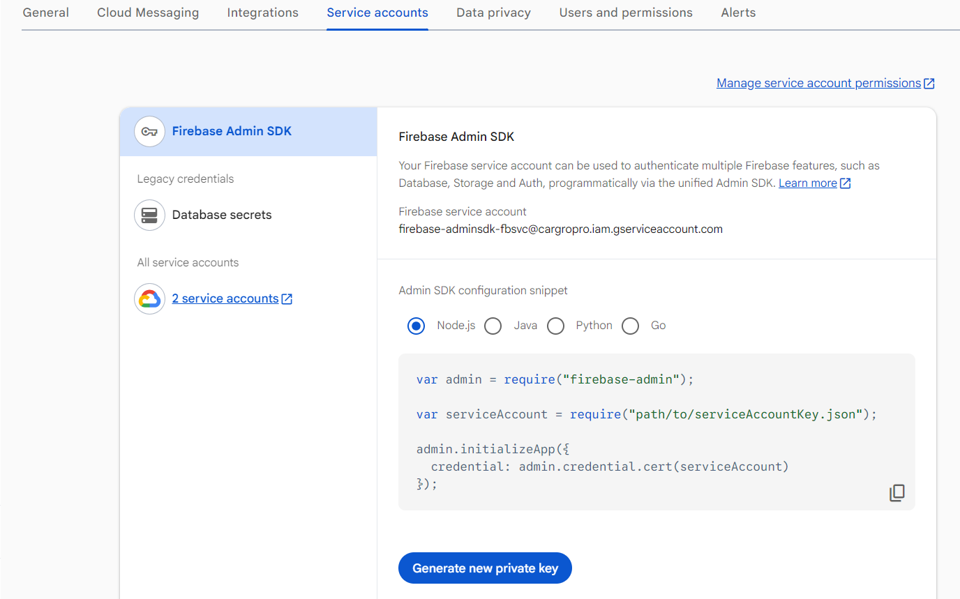 Firebase console β Project settings, Service accounts tab with Generate new private key