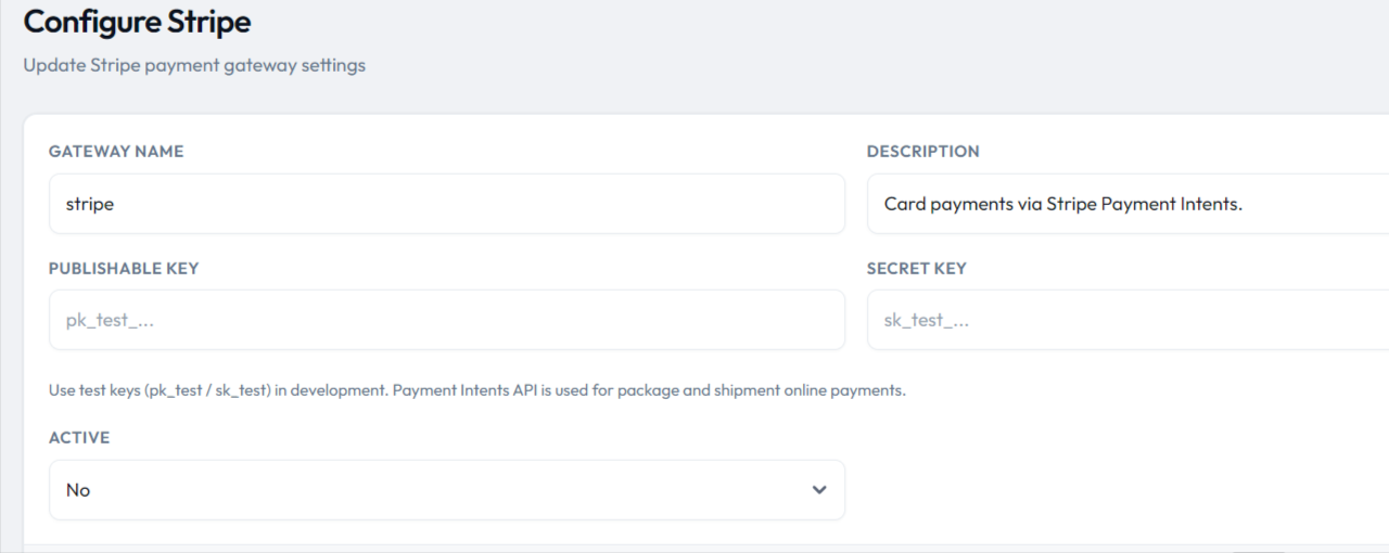 CargoPRO admin β Configure Stripe form