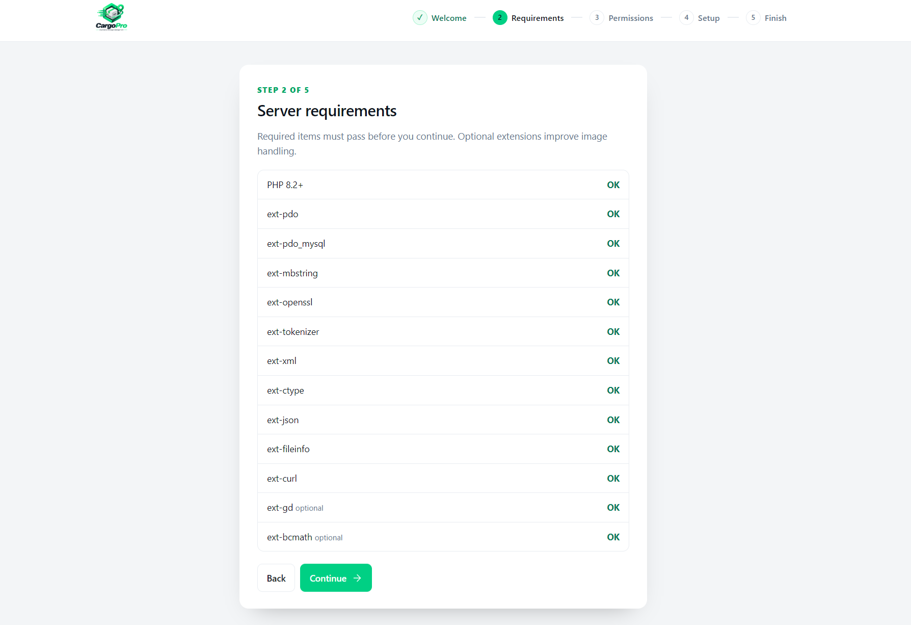 CargoPRO installer โ step 2 server requirements list