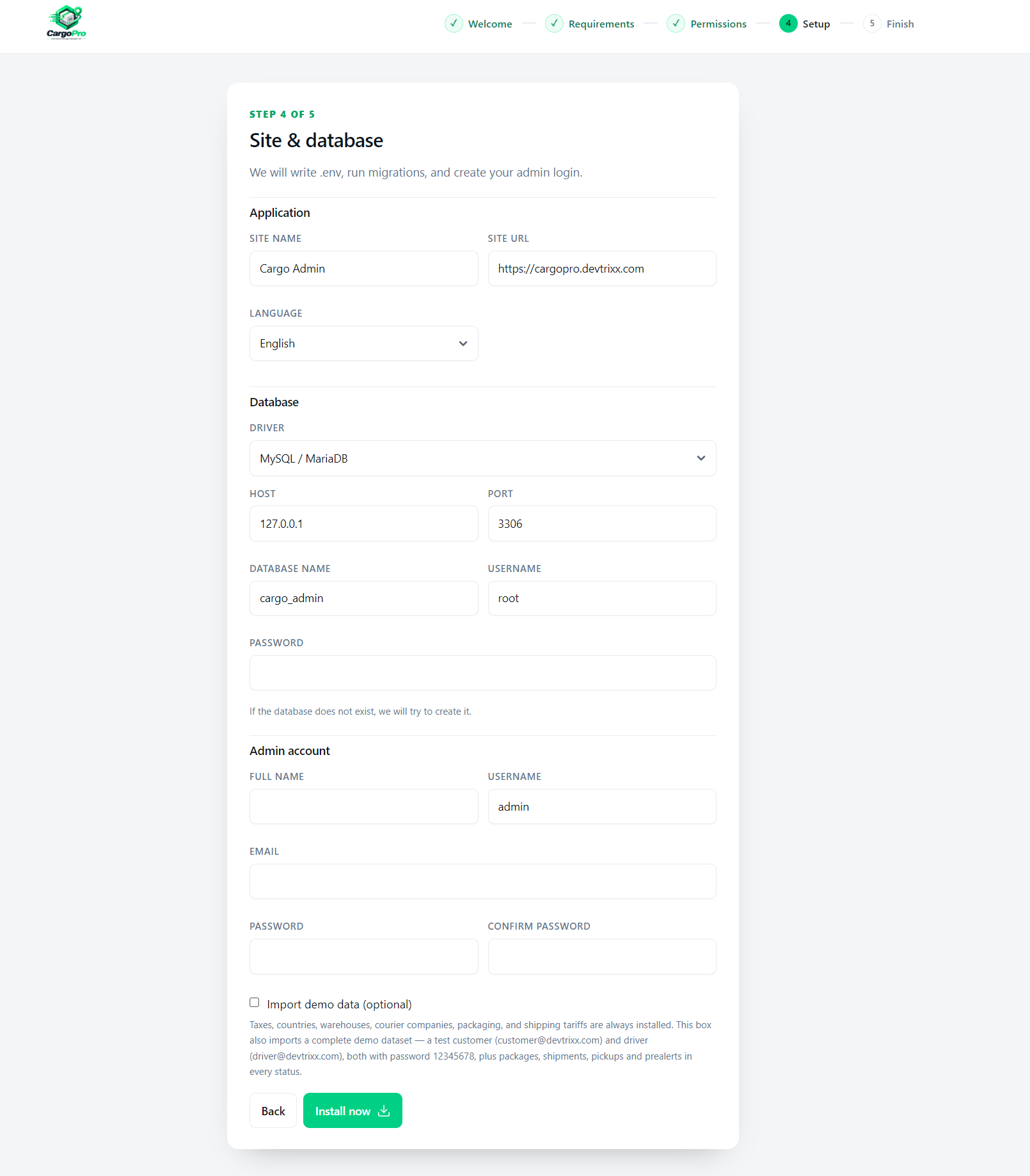 CargoPRO installer โ step 4 setup form with site, database, admin account and demo checkbox