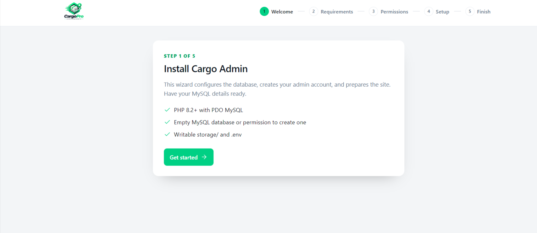CargoPRO installer โ step 1 welcome screen with pre-flight checklist