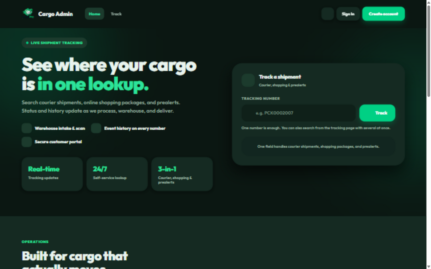 CargoPRO public landing page with the shipment tracking lookup