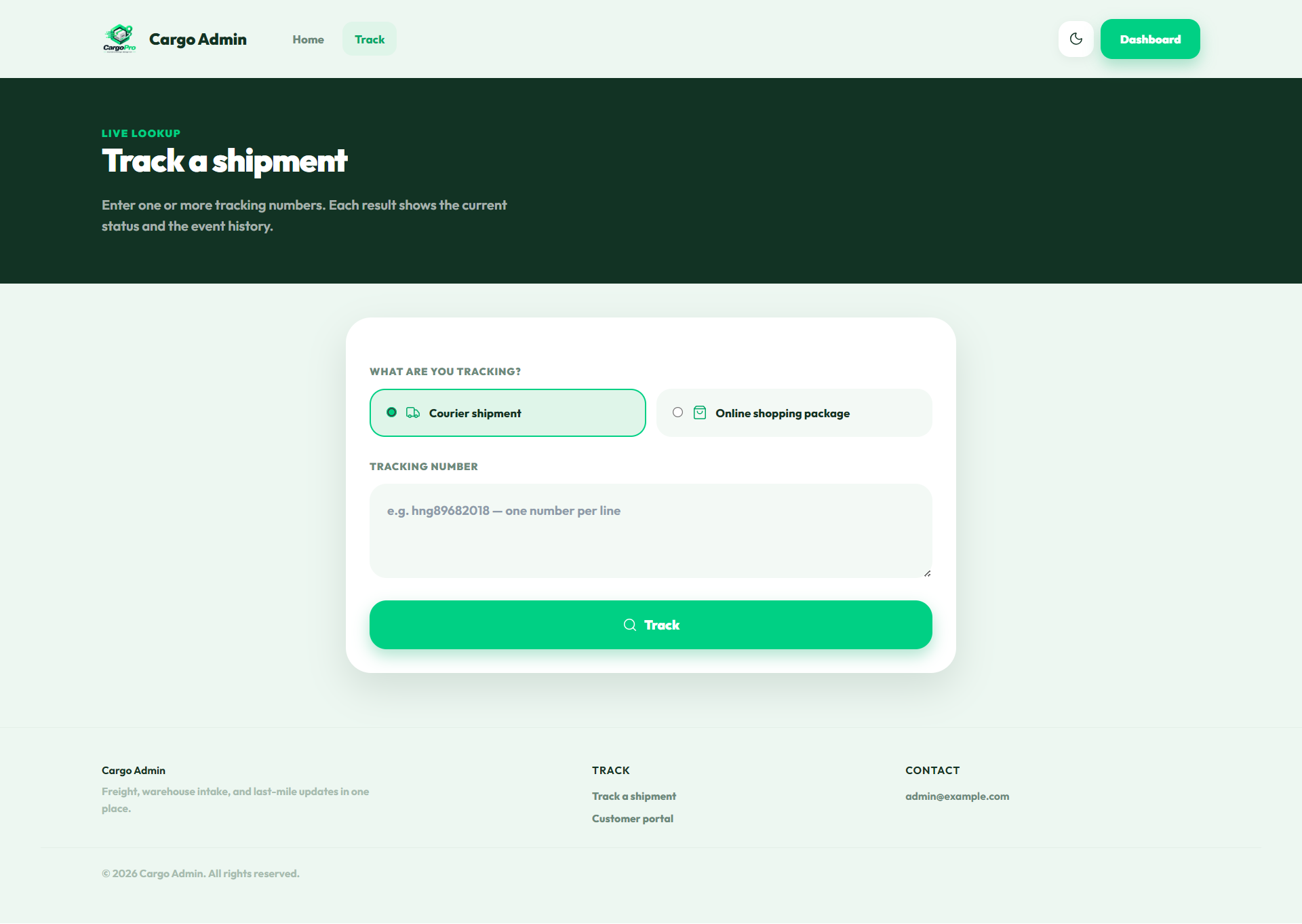 Public tracking page with shipment events
