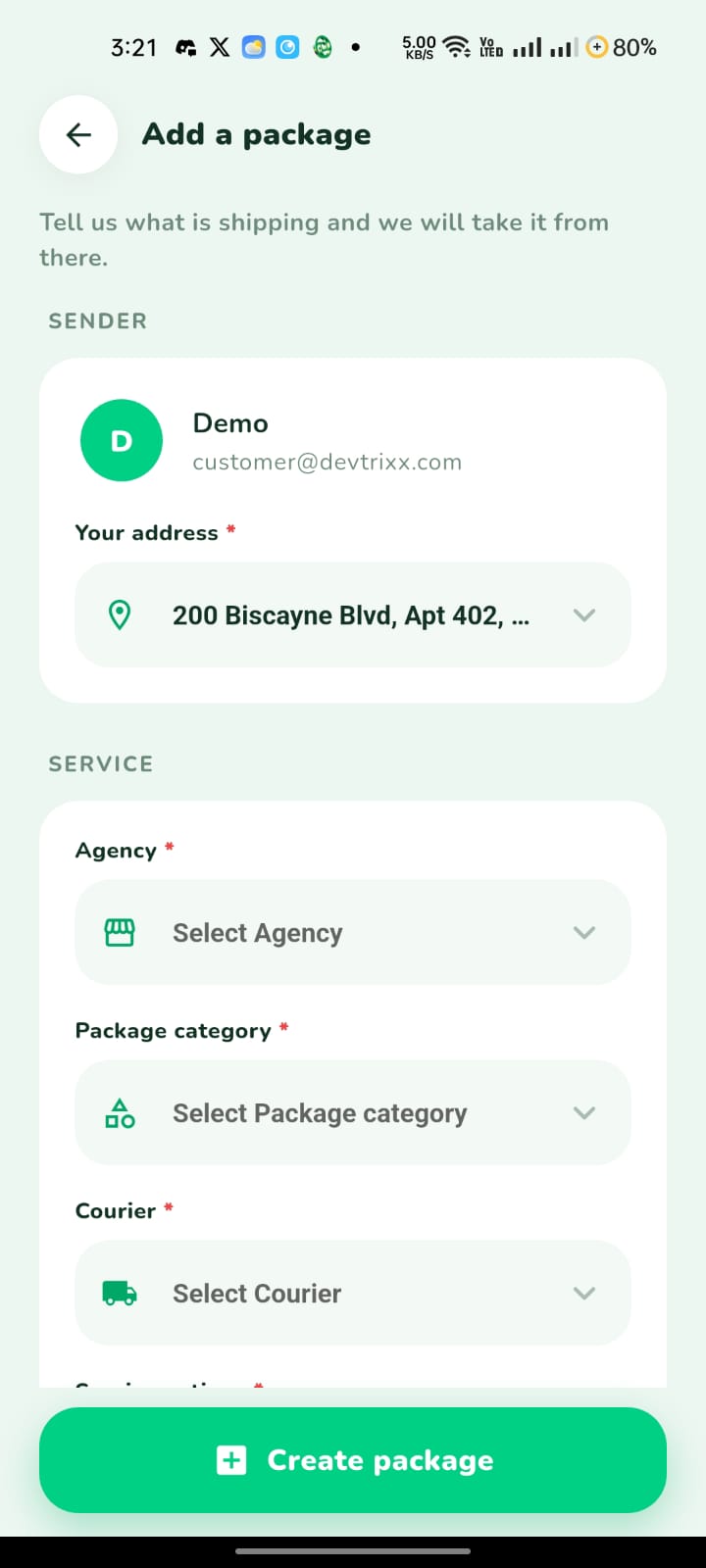 User app β add a package form