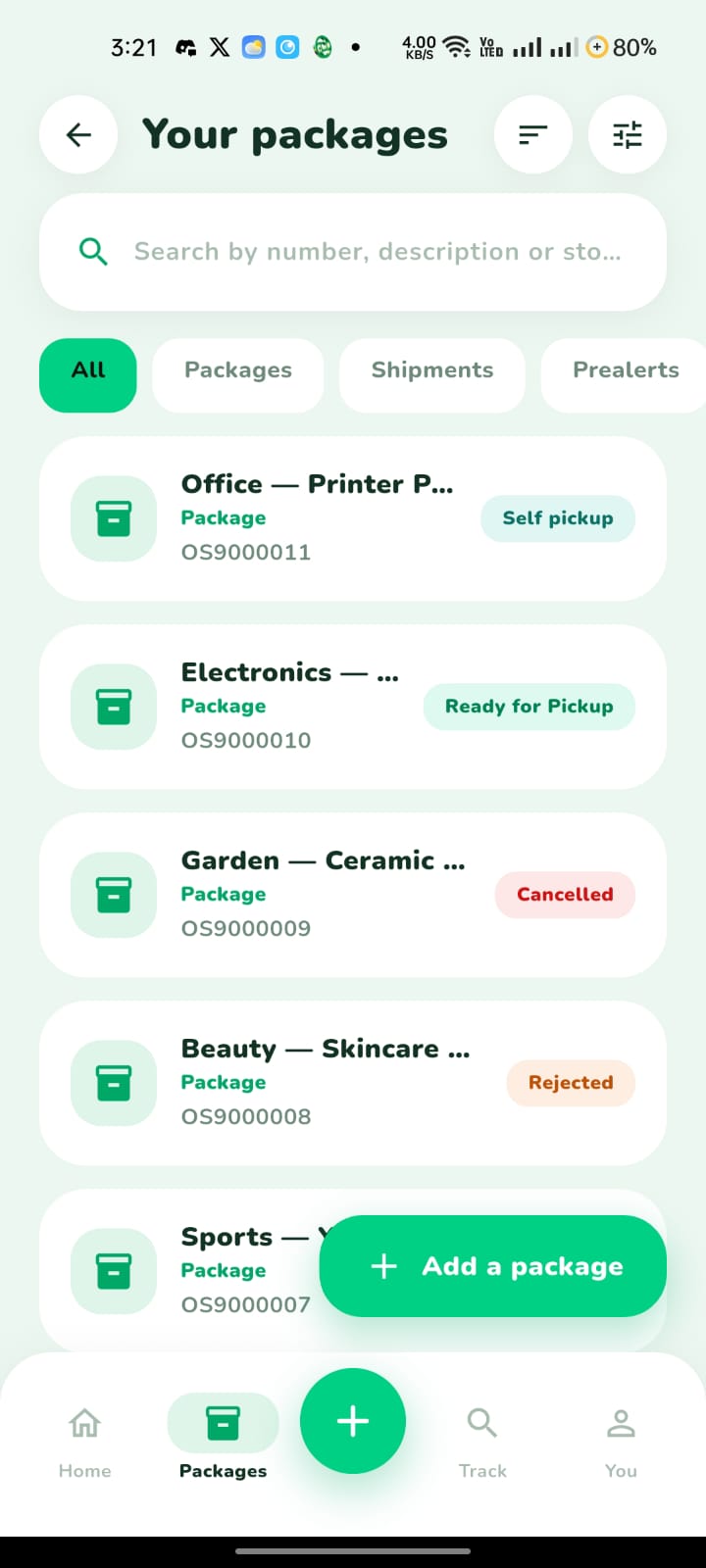 User app β packages list with status chips