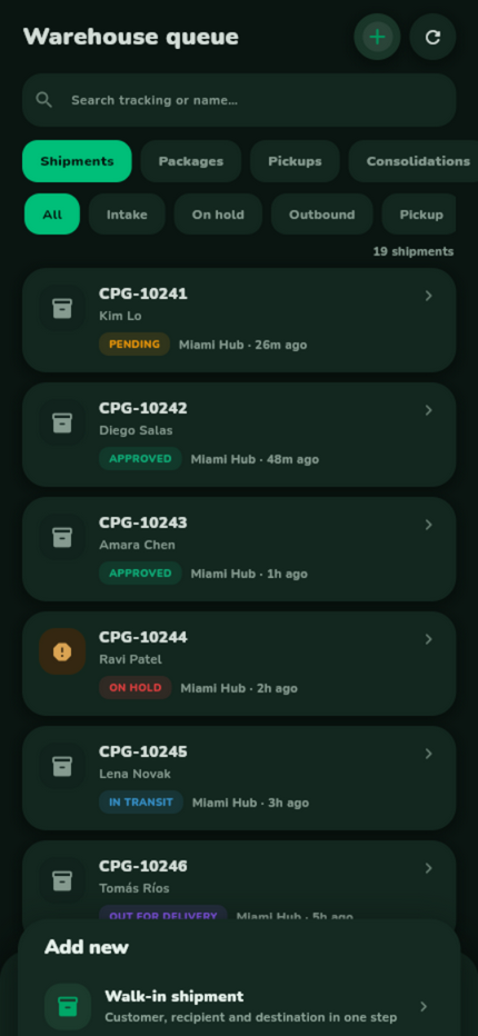 CargoPRO Warehouse app screen